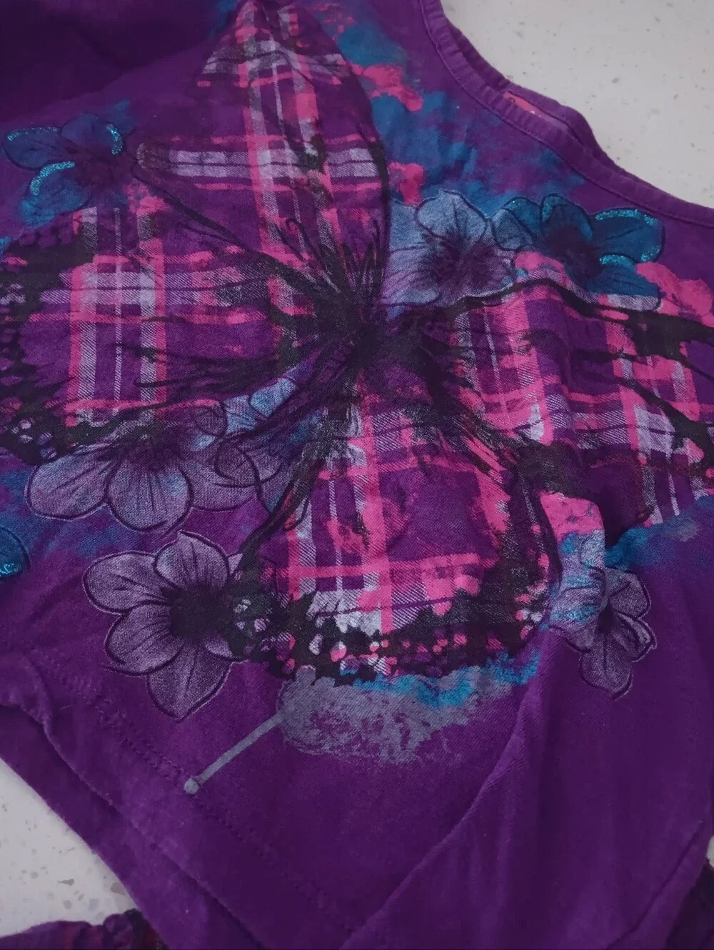 Girls' Purple Butterfly Top And Plaid Skirt Black Leggings Outfit Set Size S 7/8